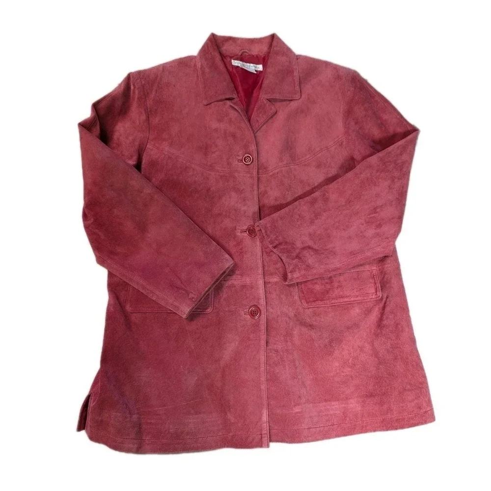Jessica Holbrook Red Suede Barn Jacket Large Washable Leather Utility Coat 90s - Picture 2 of 16